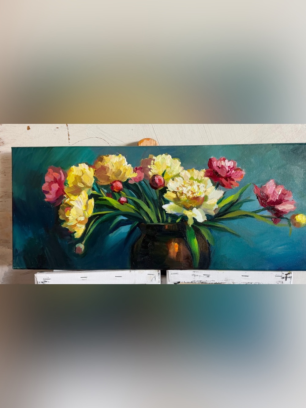 “Evening Peonies” Original Oil Painting 8x20 Floral Wall Art